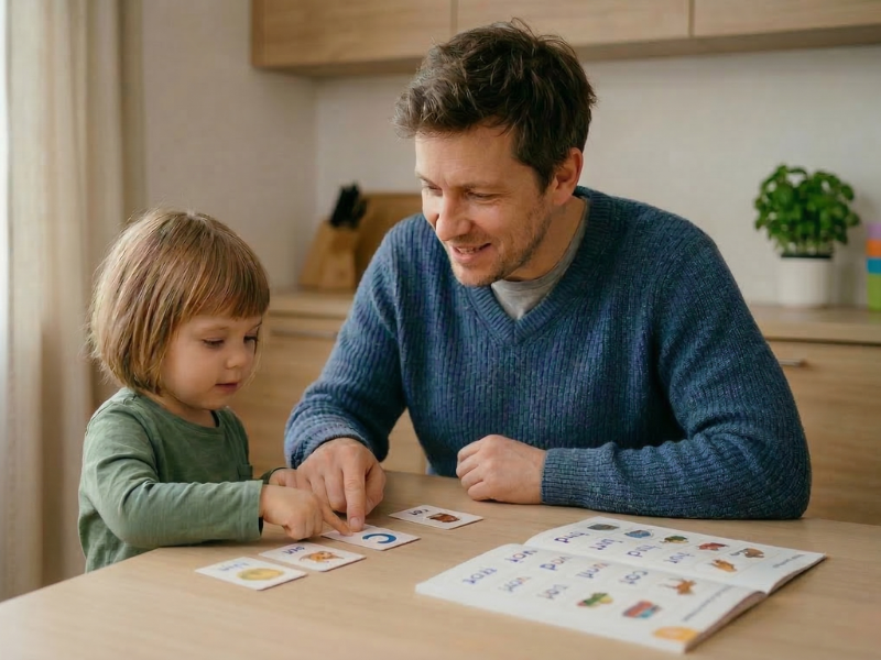 Child blending sounds to read words