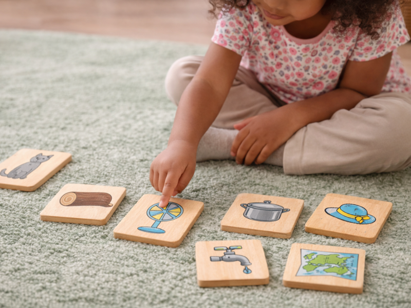 Girl practising oral blending with wooden letters