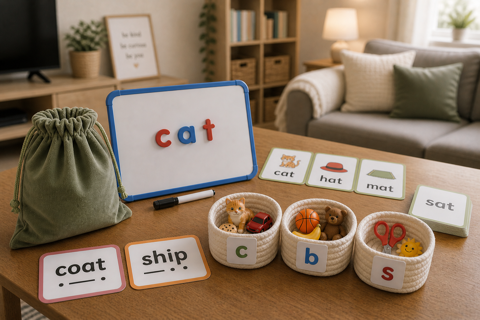 Parent and child doing a phonics activity together at a table